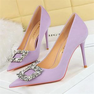 Dress Shoes Women 10cm High Heels Satin Silk Bling Crystal Rhinestone Buckle Pumps Lady Wedding Bridal Scarpin Purple Peach Blue