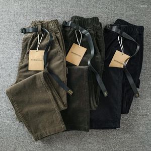 Calça masculina japonesa Retro Corduroy Casual para o outono e inverno Men fivela cientia elástica micro lavagem de cor sólida