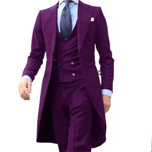 Mäns kostymer Blazers Royal Blue Long Tail Coat 3-stycken Herr Set Fashion Groom Afton Dress for Wedding Ball Jackets With Pants Q240507