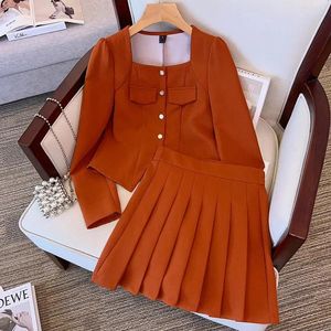 Work Dresses Autumn Winter Office Two-piece Set For Women 2024 Square Collar Tops And Pleated Skirt Female L-4XL Casual Black Brick Red