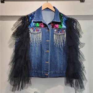 Kvinnorjackor 2024 Street Fashion Mesh Sleeve Stitching Denim Vest Women Spring Summer High Quality Diamond Sequins Loose Top Coat Trendy