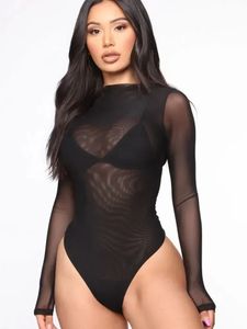 Sexy transparente corporal preto mulher malha bodysuite top para mulheres veja através de roupas de bodywear mulheres roupas baddie 240423