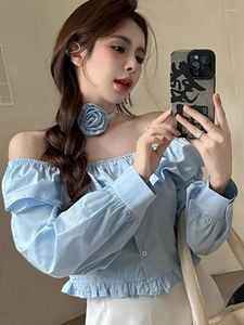 Women's Blouses Women Korean Vintage Fairy Core Mori Girl Shirts 2000s Aesthetic Long Sleeve Slash Neck Romantic Crop Top Ballet