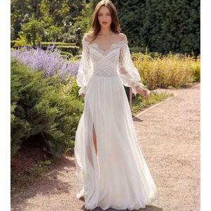 Recommended Manager Off Shoulder Gown Bridal White Floor Length Long Sleeves High Spit Lace Wedding Dresses