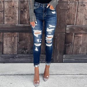 Kvinnors jeans pojkvän femme 2024 mode förstörde kvinnor hög stretch blyerts denim byxor mörkblå streetwear bottnar s-xl