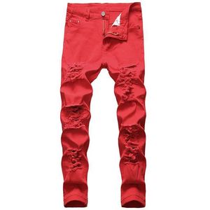 Jeans masculinos Jeans Jeans Bolos Vintage Marca de seda Silk Tear Tear Pants White Branco Vermelho Preto J240507