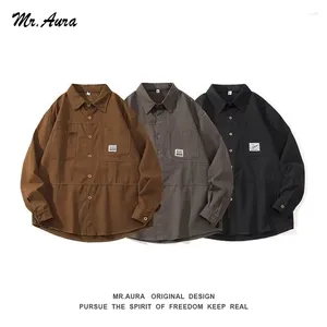 Camicie casual maschile Mr.Aura Spring Fall Retro Cargo Design Senior Smanele a maniche lunghe Shirt di alta qualità Plus size per uomini