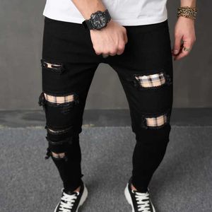 Men's Jeans Men New Strtwear Ripped Patch Slim Jeans Trousers Stylish Male Holes Casual Pencil Denim Pants Y240507