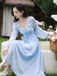 Vestidos casuais Românticos Fairycore Princess Dress Woman Woman Retro Victorian Style Blue Square colar