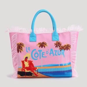 حقيبة Women Women Denim Handspags سعة كبيرة الأزياء Desinger Tassel Pink Tote عالية الجودة السفر الشاطئ الصيف 2024