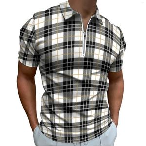 Men's Polos White Black Plaid Polo Shirts Retro Lines Print Casual Shirt Summer Streetwear Male Short Sleeve Zipper Design T-Shirts