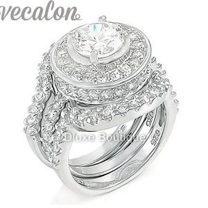 Vecalon moda yüzüğü simüle elmas cz 3-1 arada nişan grubu alyans seti kadınlar için 10kt beyaz altın dolu parmak yüzüğü 240Q