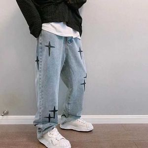 ans 2022 Vibe Style Cross Embroidery Retro Washed Men Baggy Jeans Trousers Hip Hop Distressed Vintage Denim Pants Pantalons Capris J240507