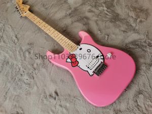 Fabryka gitarowa niestandardowa różowa gitara elektryczna Cat 6string, jednoczęściowy pickup, chromowany sprzęt, stały most, powrót do strun