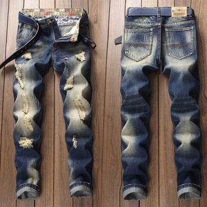 Mäns jeans denim jeans raka repor mode män byxor lyxiga vintag hål förstört långt trasigt mode regelbundet passar stor storlek J240507