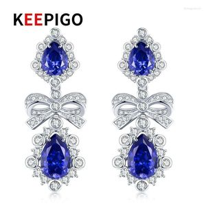 Kolczyki Dangle Keepigo S925 srebrne szafir Sapphire High Carbon Diamond Tanzanit Water Drop Wisher Wisher Partia Partia Biżuteria