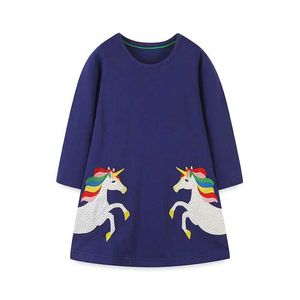 Flickans klänningar Hoppande mätare 2-7t Unicorn Applique Långärmad prinsessa flickklänningar hösten våren babykläder småbarn costumel2405