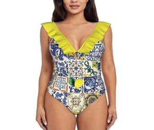 Women039S水着抽象Majolica OnePiece Swimsuit Women Ruffle Bathing Suits Girl Beach Majolique Italie Tiles siciliawom3089303