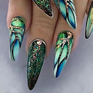 24st Long Stiletto Press On Nails Box Acrylic False With Almond Designs Black Gold Foil French Full Cover Fake Nail Tips 240419