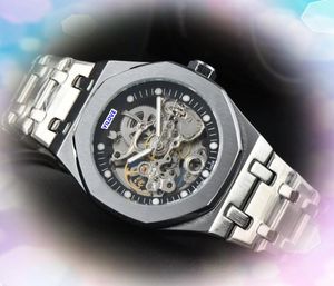 Mens Stylish Hollow Skeleton Watches 43mm day date stainless steel clock automatic mechanical movement self winding sweeping chain bracelet Watch gifts