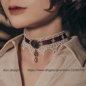 Privat designer handgjorda steampunk julstjärnor mörkrött band svartvitt spets choker lyxhalsband halsband