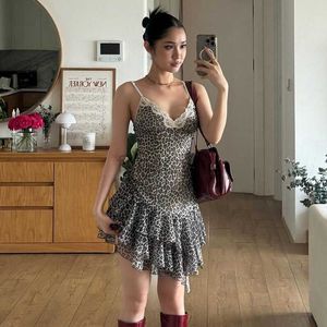 Casual Kleider Designer-Kleid Damen Fashion 2024 neuer Leopardenmuster kurzer Rock Low geschnittene V-Ausschnitt Mesh Rüschenkante Kleid für Frauen Plus Size Kleider