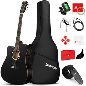 Kit de guitarra acústica elétrica para adultos para iniciantes - pacote de guitarra acústico de tamanho completo com captadores embutidos, bolsa, sintonizador, tira, capo, picaretas, cabo, preto fosco