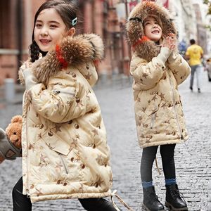 Down Coat -30 Degrees Russian Winter Kids Girls Long Fashion Star Print Real Fur Hooded 80% Duck Jackets Snowsuit Parka Clothes