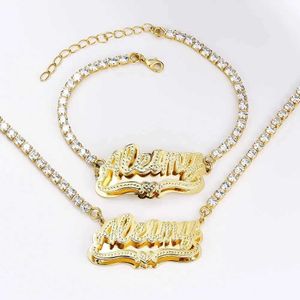 Earrings Necklace Customized Jewelry Set Double Layer Two tone Personalized Zircon Tennis Chain Customized Gold Plated Name Necklace and Bracelet Set J240508