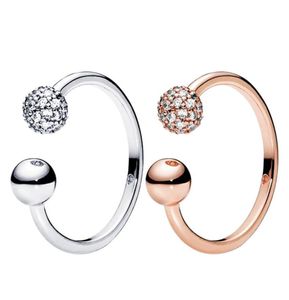 Autêntico Sterling Silver Pavide Bead Anel Open Womens Rose Gold Wedding Gift Jewelry for CZ Diamond Ball Rings com Box7254508 original