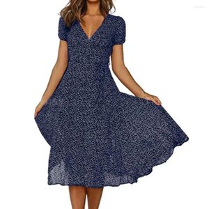 Abiti casual Donne abito midi V Nervi maniche corte A-Line Urlo sciolto a vita alta lunghezza del microfono Vintage Summer Vestidos Pajer