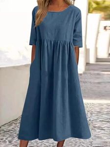 Festklänningar Casual Loose Long Solid Color Cotton Linen Dress for Women Spring Summer Fashion O Neck Half Sleeve Maxi Robe Femme