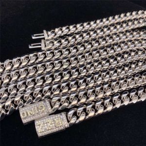 Moissanite Lock Cuban Link Chain Hip Hop Halsband 8mm Bredd Guld Miami Shine Rostfritt stål 925 Silver