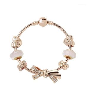 Fashion Original s 925 Silver Rose Gold Glass Brilliant Bow Bracelets Bangles Set DIY Jewelry Charm Beads Holiday Gift Bangle1612577