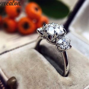 Vecalon Fashion Three Stone Ring 925 Sterling Silver Diamond noivado da aliança