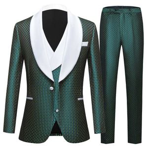 Men's Suits Blazers Mens green black navy blue polka dots slim fit groom tailcoat pattern jacket+pants+tank top 3-piece set white lapel best mens Q240507