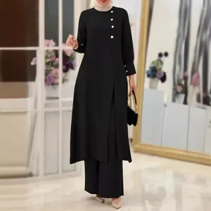 Etnik Giyim 2024 Müslüman Kadınlar İki Parçalı Set Şık ve Zarif Düz Renk Yan Yarık Uzun Gömlek Geniş Bacak Pantolon Robe S-5XL