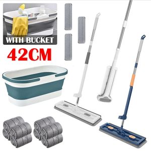 Förstorad Squeeze Mop med Bucket Hand Free Wringing Floor Cleaning Microfiber Hushåll Magic Flat Mops Tools 240508