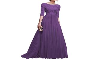 Zebery Moda Midsleeve Oneck Dantel Şifon Ziyafet Elbise Kadın Düğün Nedime Zemin Uzunluğu Balo Elbise Dantel Vestido7605293