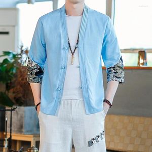 Herren lässige Hemden Stickerei Top Traditionelle chinesische Kleidung Männer Vintage Halbärmel Lose Lose Madarin Kragen Hanfu Kungfu Hemd