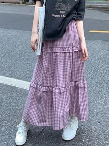 Skirts Qiukichonson Midi Long Womens Plaid Skirt 2024 Korean Style Casual Summer High Waisted Low Ruched Ruffle Rok