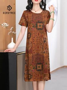 Party Dresses BirdTree Real Silk Watered Gazue Elegant Women Short Sleeve Printed Retro Loose Mom Dress 2024 Summer D44037QC