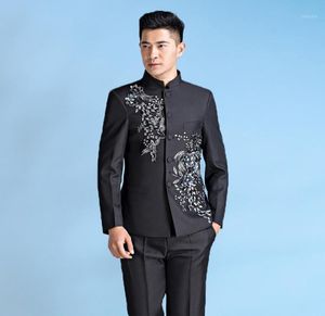 Китайский туник -костюм мужской стенд воротниц Men039s цветочная одежда стройная китайская стиль мужской свадебный костюм и носит черный whi5299637