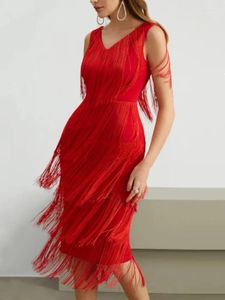 Casual Dresses Red Tassel Party V Neck ärmlös Hög midja Kvinnor Fringe Dance Evening Födelsedagsklänningar Sexig klubb Loose Robe