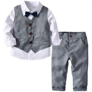 Jungen Hochzeitsanzüge Kinder Kleidung Kleinkind formelle Kinder Anzug Kinder tragen graue Weste Hemd Hosen Outfit Baby Kleidung1 239s