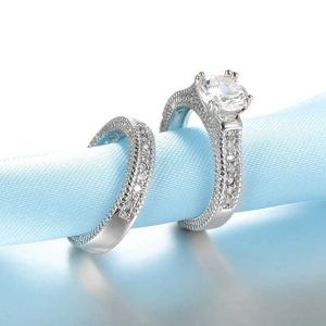 Pierścienie ślubne Eleganckie ślub zaręczynowe Pierścienie Pierścienie Zestaw 925 Srebrny kolor rocznicowy Akcesoria z pełnym błyszczącym kamieniem cyrkonowym