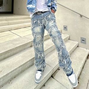 Men's Jeans Retro Style Men Biker Jeans Trousers Stylish High Strt Loose Male Stacked Spliced Straight Denim Pants Y240507