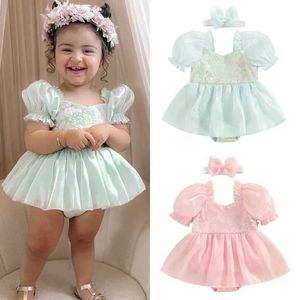 Roupas Conjuntos de roupas Meninas do verão Meninas Princesa Vestido vestido de manga curta de manga de malha de malha de malha de malha de malha de renda 2pcs h240508