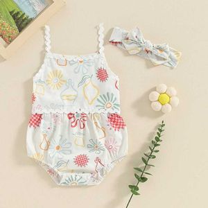 Rompers bady girls 2pcs Summer Outfits leveless Floral Print Strap Romper + Headbandセット新生児服H240508