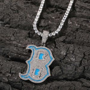 Hip Hop Iced Out Letter B Pendant Necklace Noctilucent Sier Plated with Rope Chain for Men Women